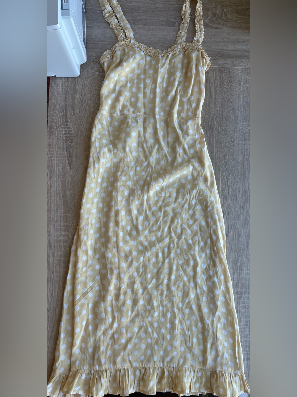 Faithfull the Brand Yellow Polka Dot Midi dress with Ruffle Straps S Small 4